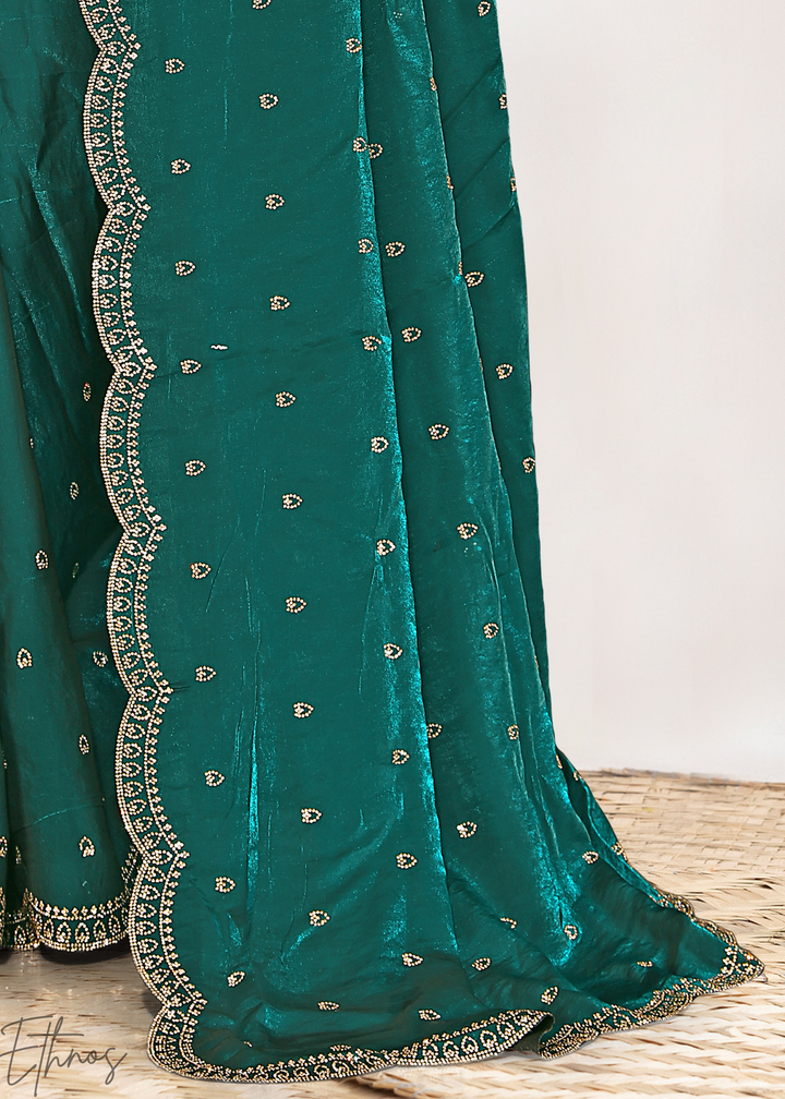Mint Emerald Scallop Stippled Satin Silk Saree