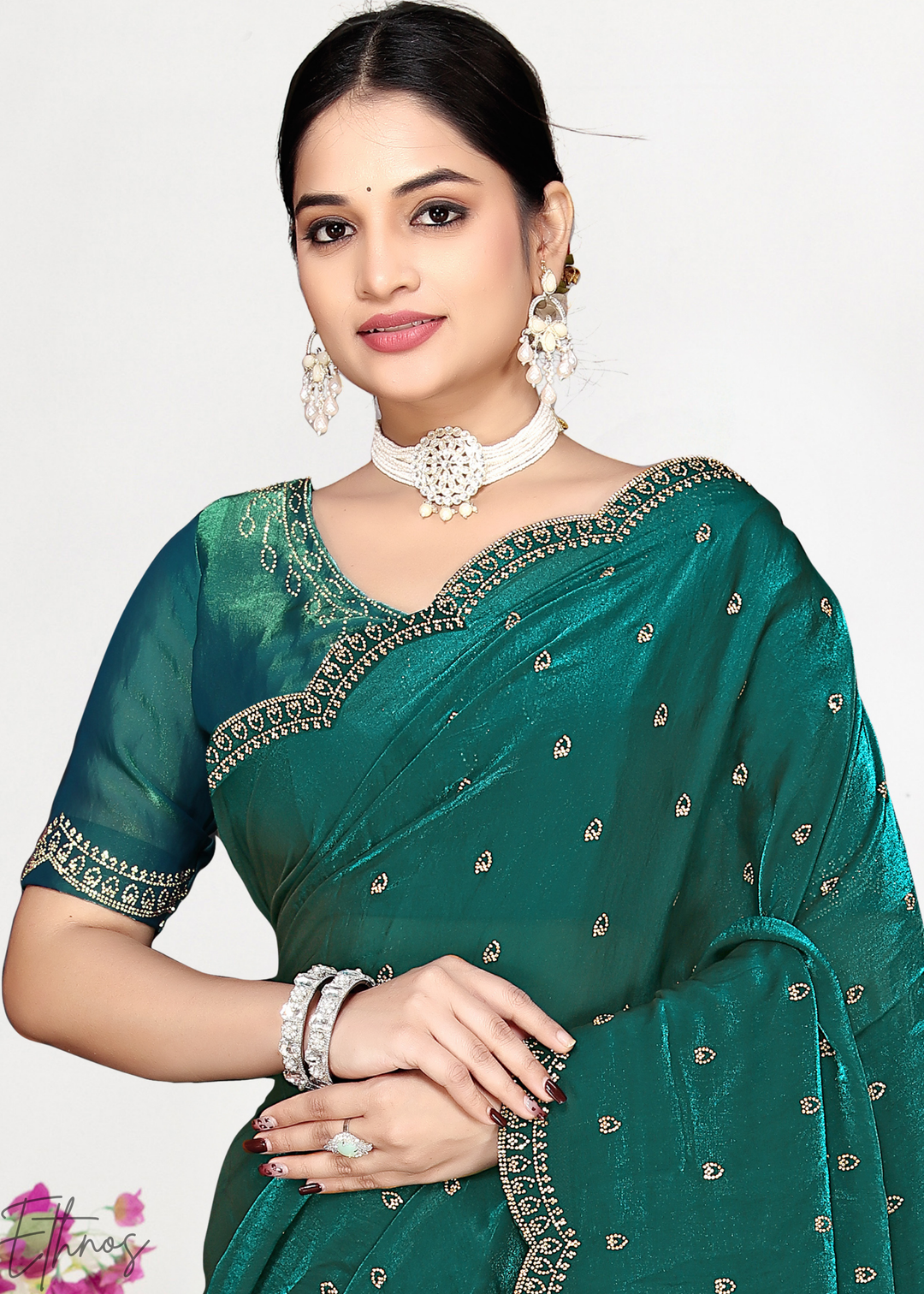 Mint Emerald Scallop Stippled Satin Silk Saree