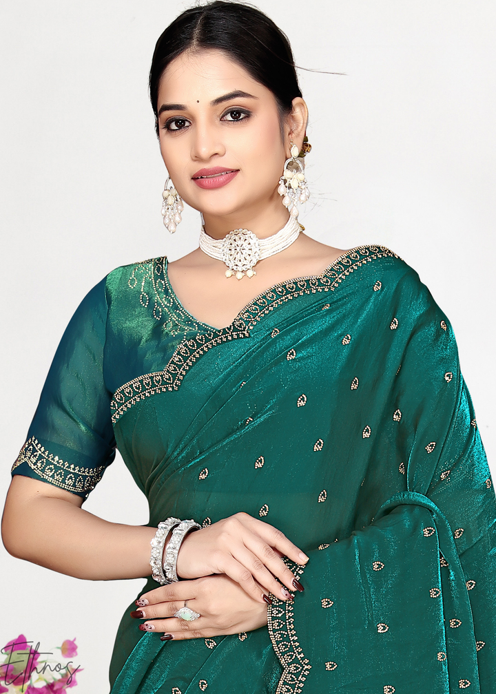 Mint Emerald Scallop Stippled Satin Silk Saree