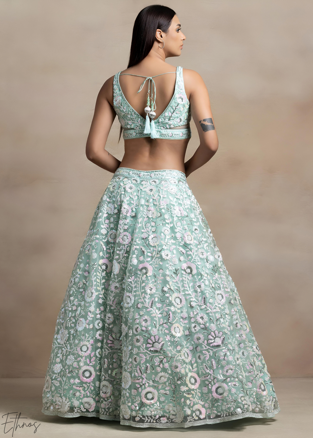 Mint Glacier Foliage Filigree Rangoli Silk Lehenga Choli