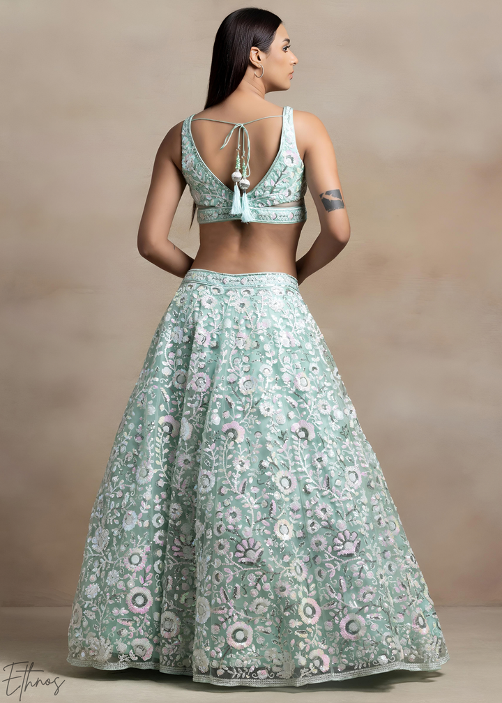Mint Glacier Foliage Filigree Rangoli Silk Lehenga Choli