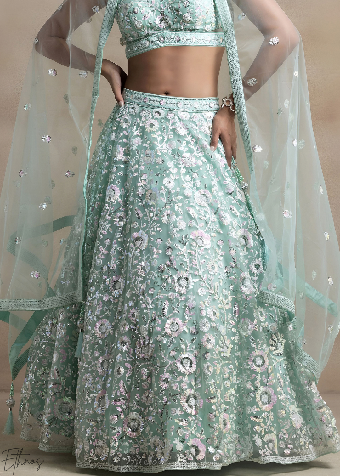 Mint Glacier Foliage Filigree Rangoli Silk Lehenga Choli