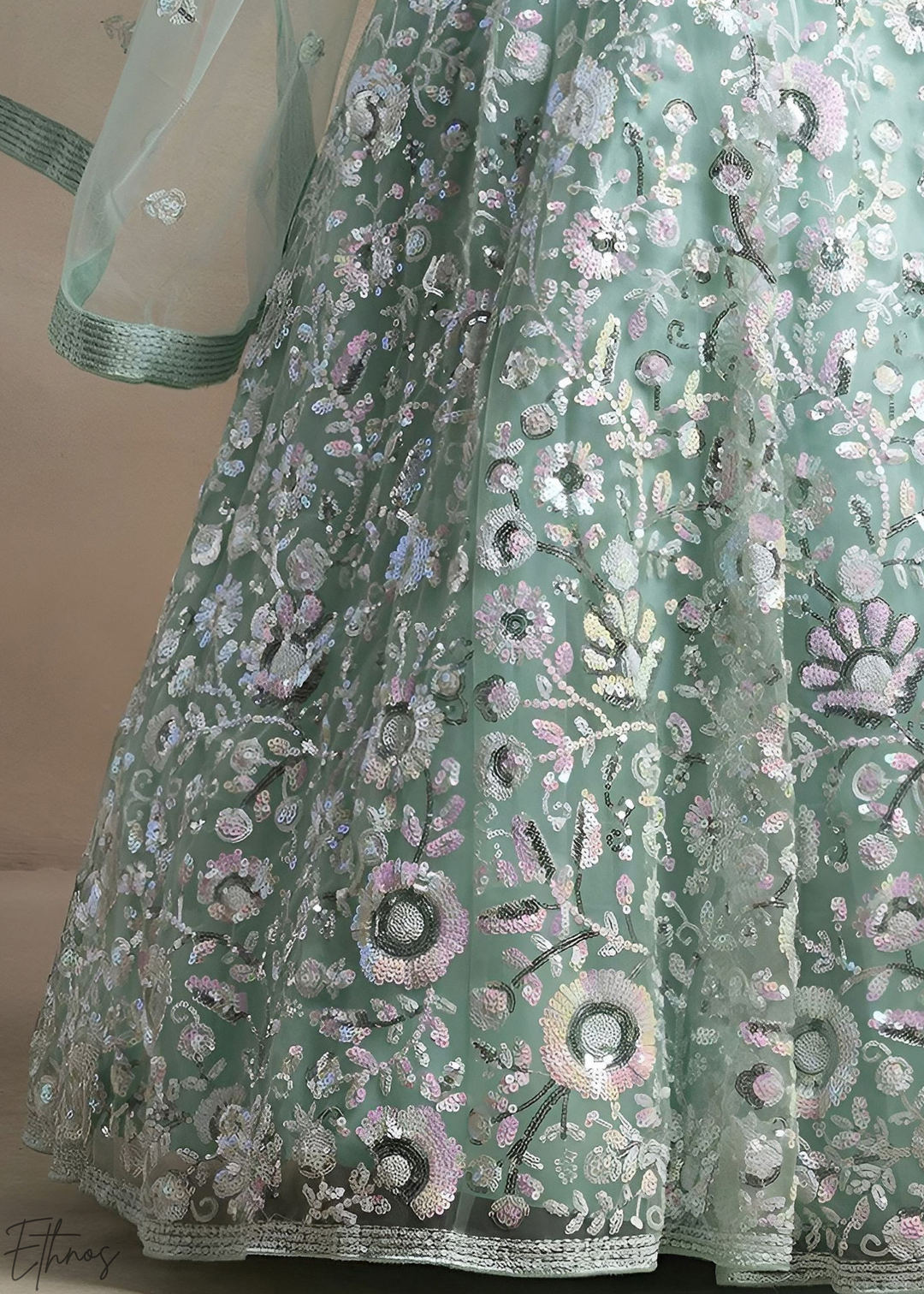 Mint Glacier Foliage Filigree Rangoli Silk Lehenga Choli