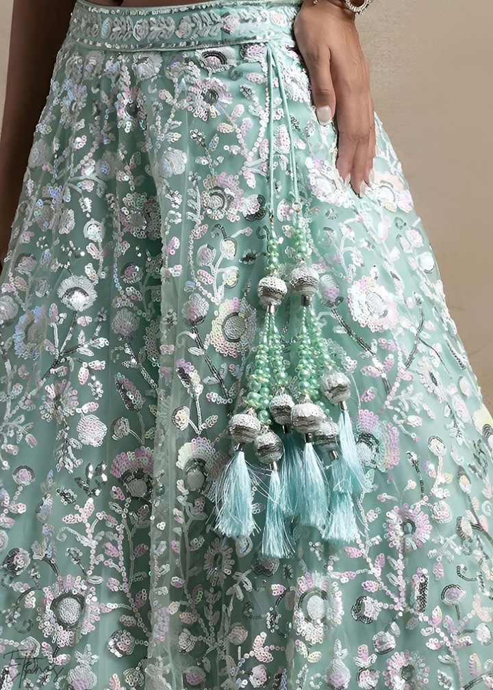 Mint Glacier Foliage Filigree Rangoli Silk Lehenga Choli