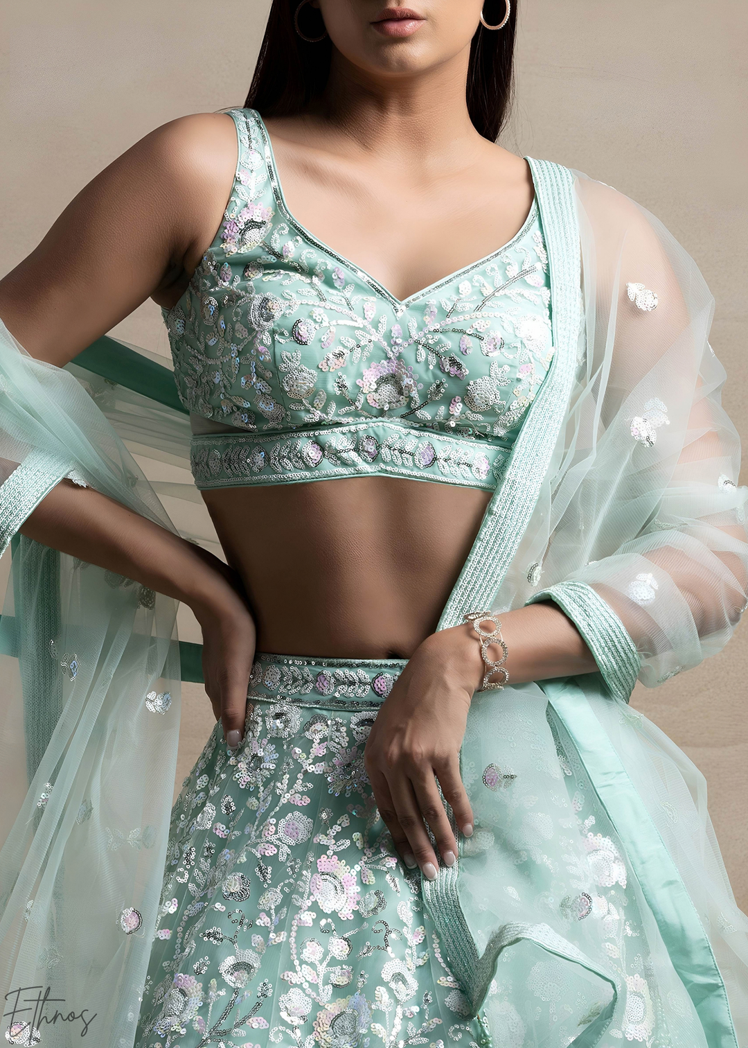 Mint Glacier Foliage Filigree Rangoli Silk Lehenga Choli