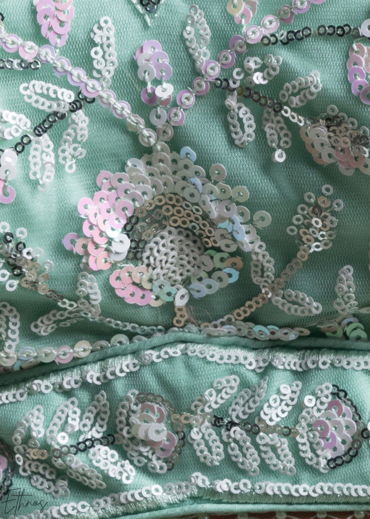 Mint Glacier Foliage Filigree Rangoli Silk Lehenga Choli