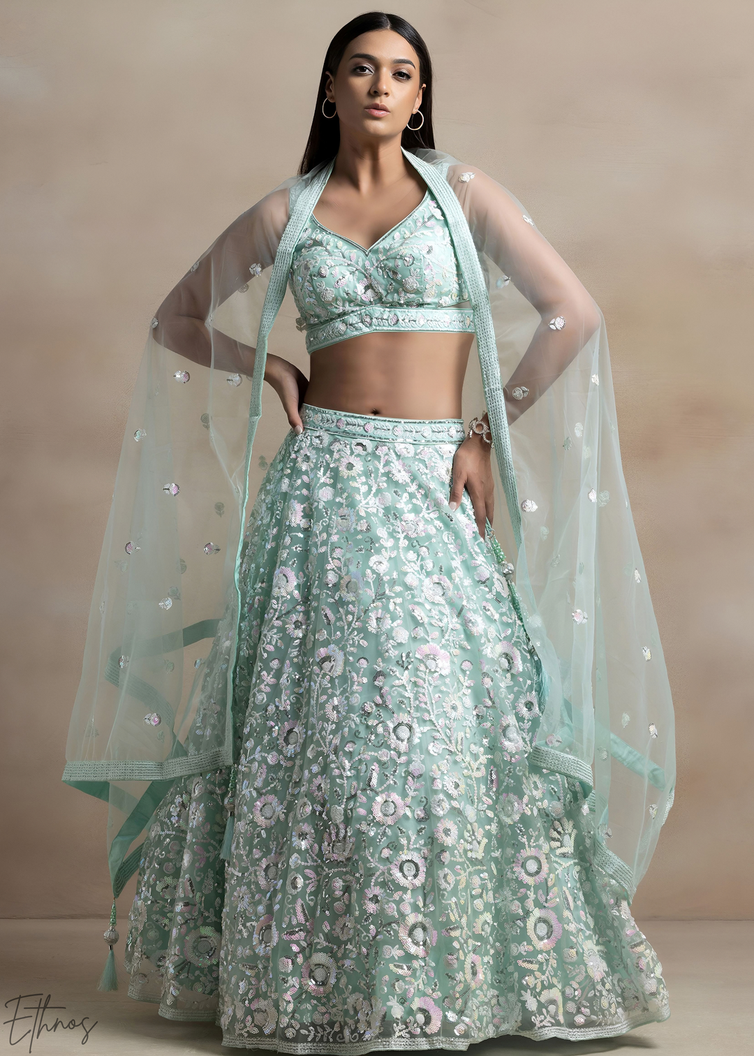 Mint Glacier Foliage Filigree Rangoli Silk Lehenga Choli
