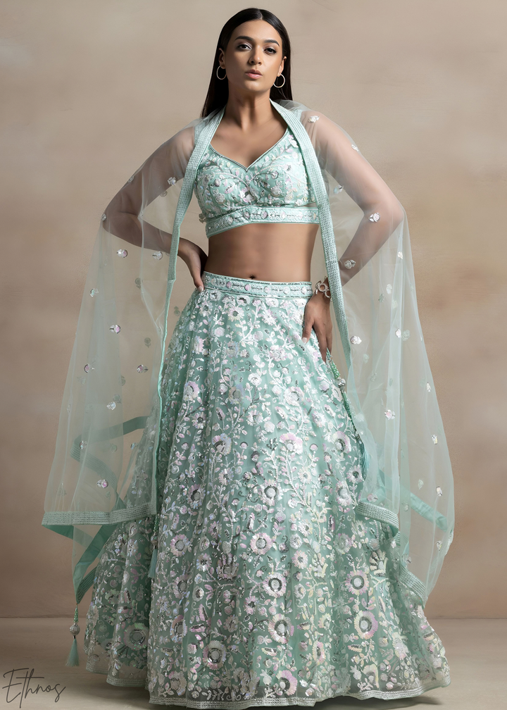 Mint Glacier Foliage Filigree Rangoli Silk Lehenga Choli
