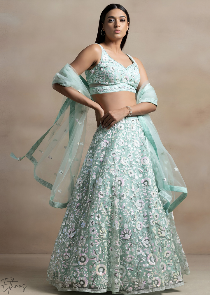 Mint Glacier Foliage Filigree Rangoli Silk Lehenga Choli