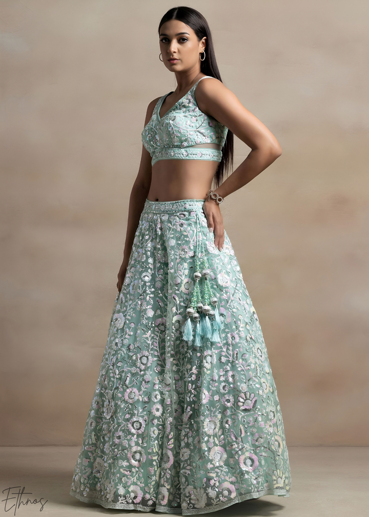 Mint Glacier Foliage Filigree Rangoli Silk Lehenga Choli