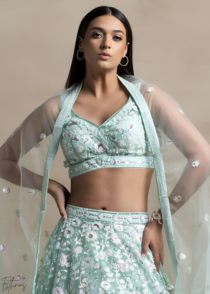 Mint Glacier Foliage Filigree Rangoli Silk Lehenga Choli