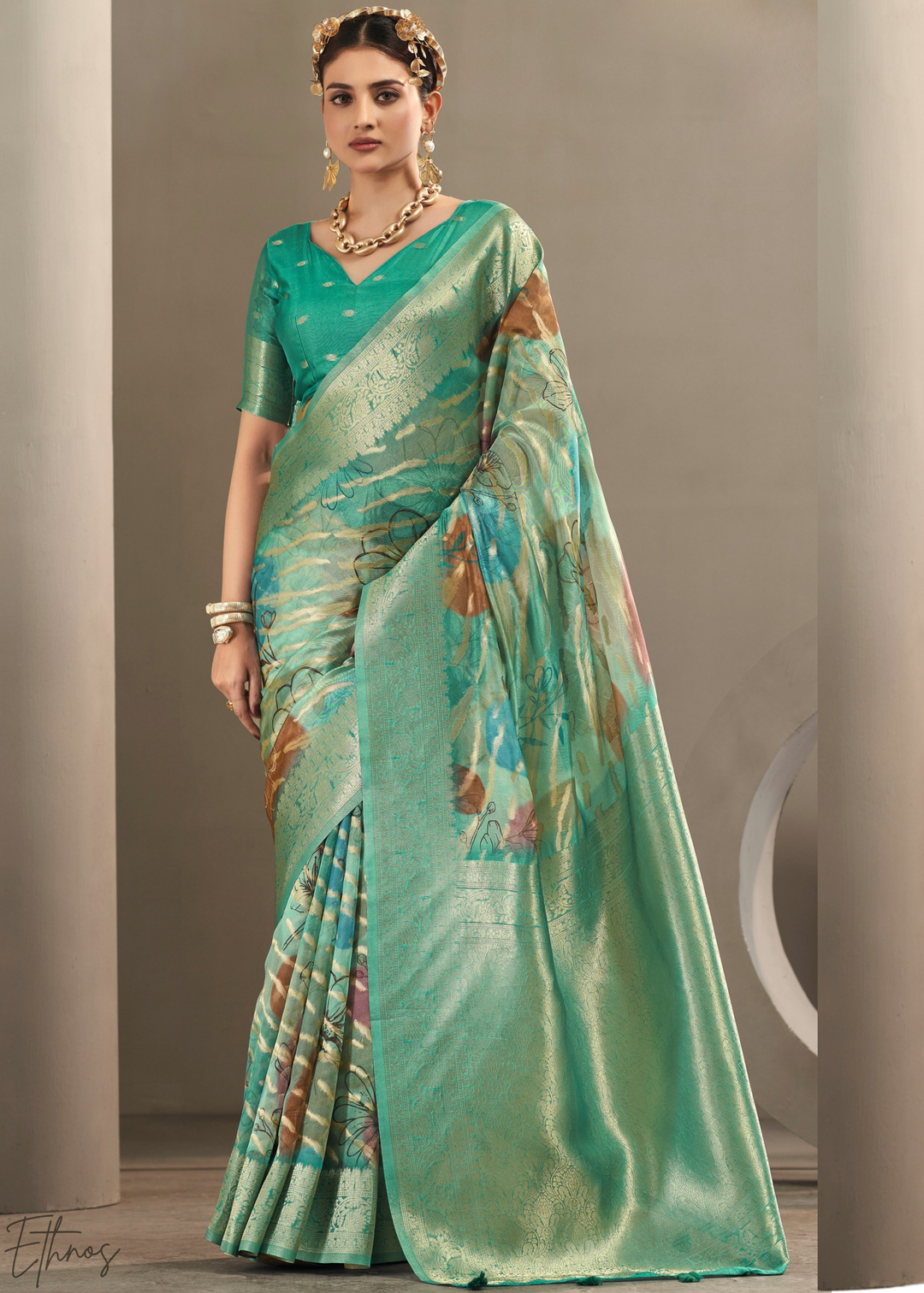 Mint Green Abstract Digital Print Metallic Vellora Saree