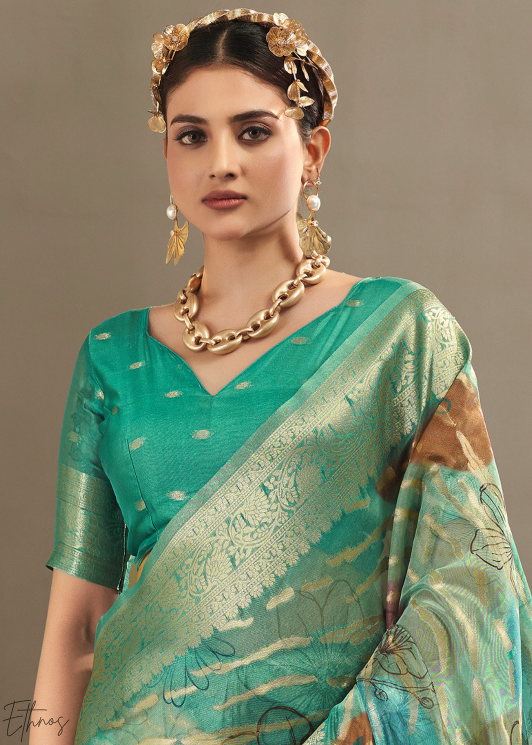 Mint Green Abstract Digital Print Metallic Vellora Saree