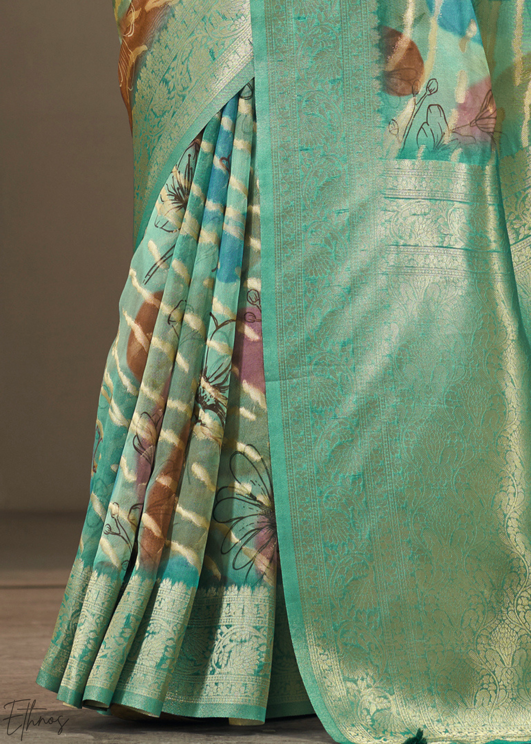 Mint Green Abstract Digital Print Metallic Vellora Saree