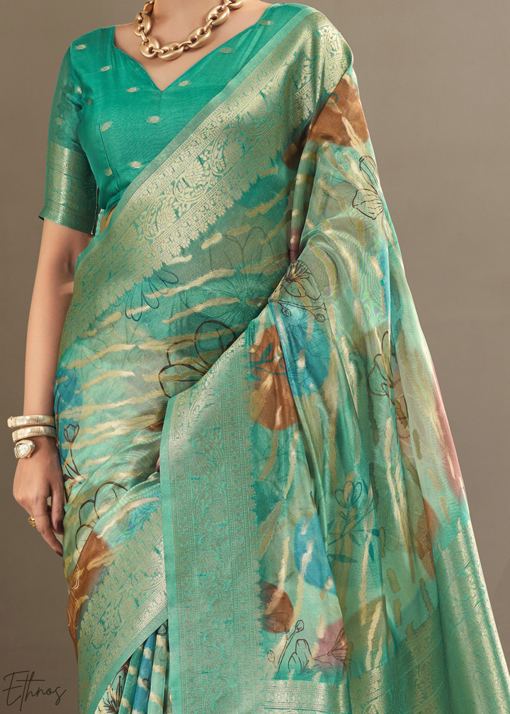 Mint Green Abstract Digital Print Metallic Vellora Saree