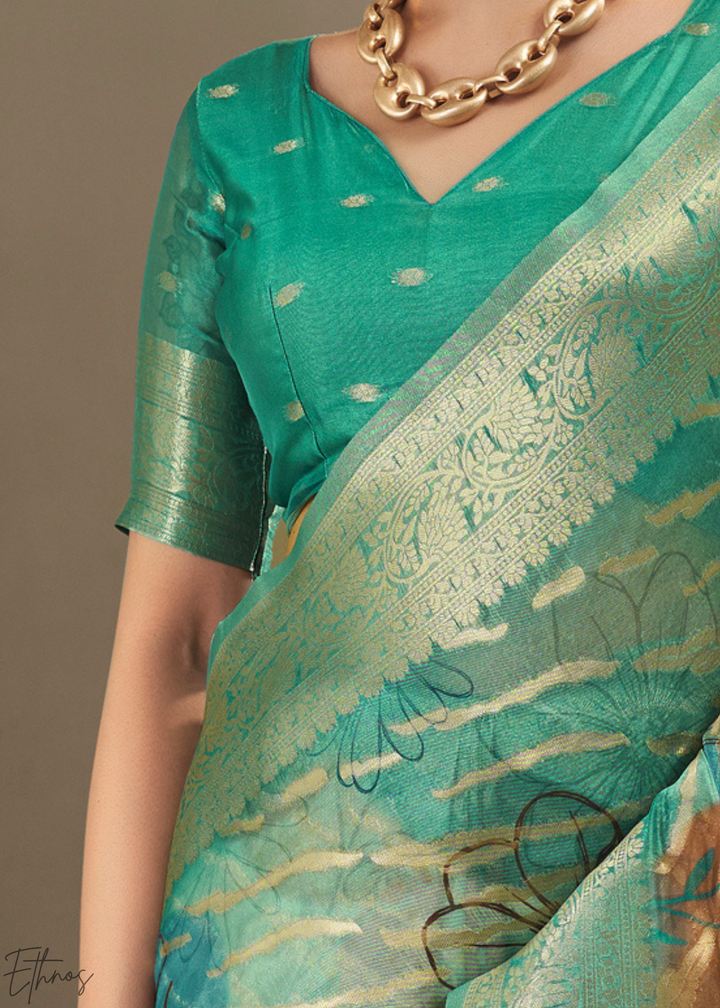 Mint Green Abstract Digital Print Metallic Vellora Saree