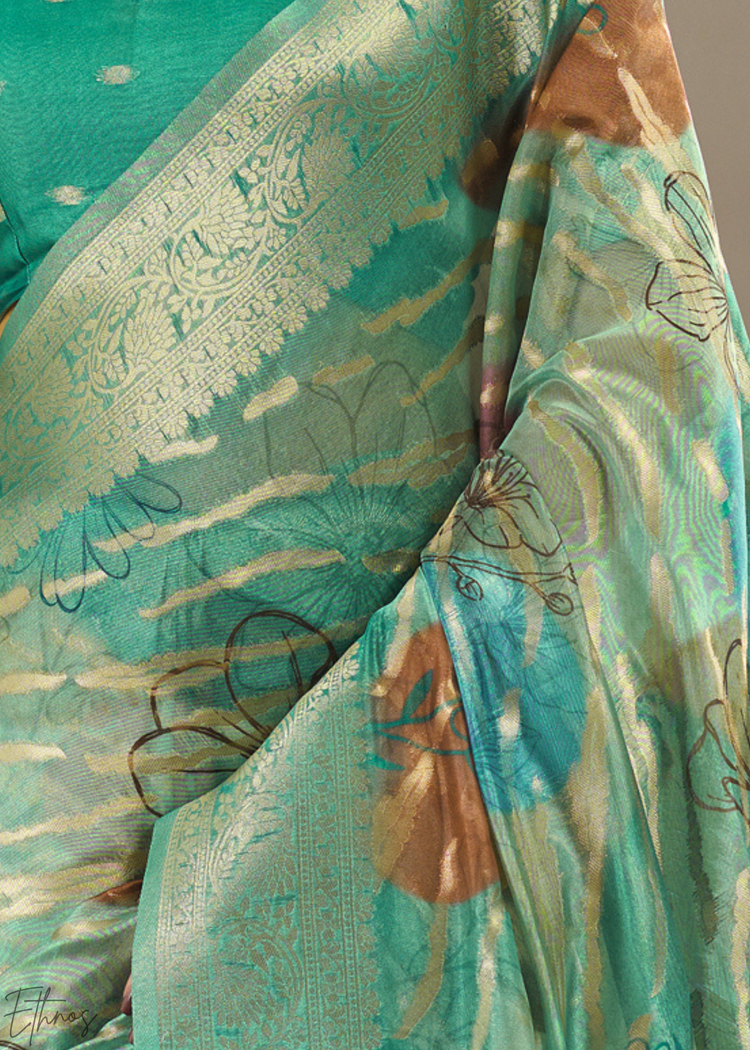 Mint Green Abstract Digital Print Metallic Vellora Saree