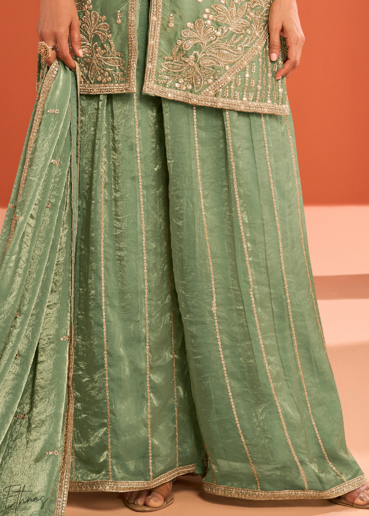 Mint Green Embroidered Fandy Silk Palazzo Suit