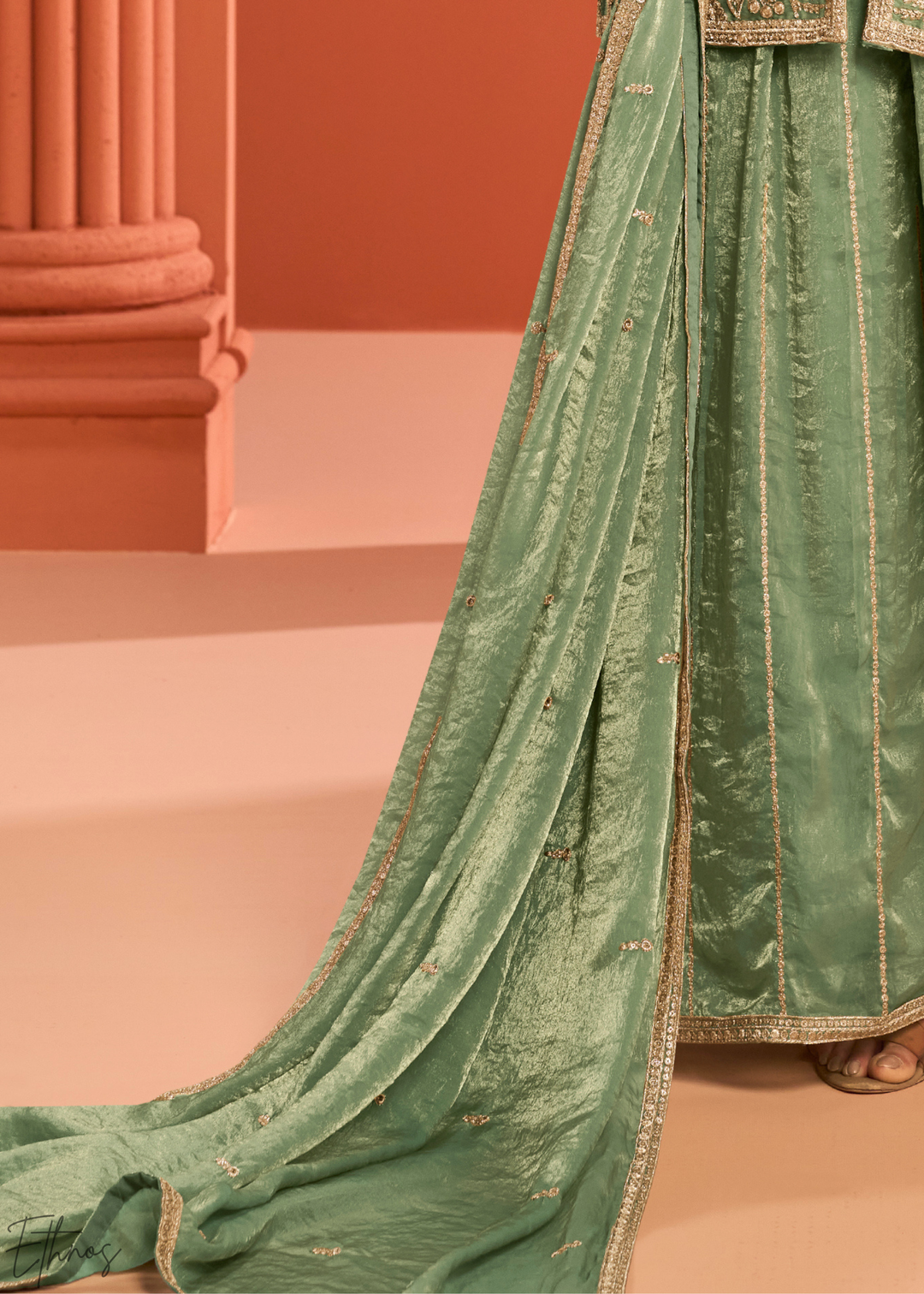 Mint Green Embroidered Fandy Silk Palazzo Suit