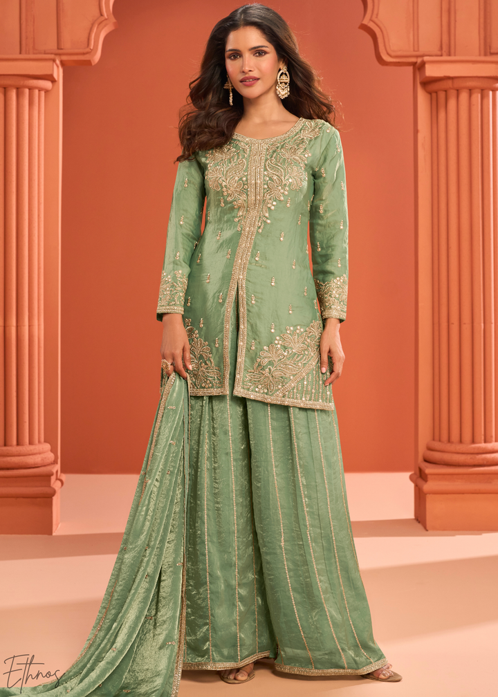 Mint Green Embroidered Fandy Silk Palazzo Suit