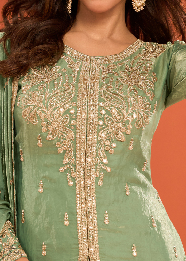 Mint Green Embroidered Fandy Silk Palazzo Suit