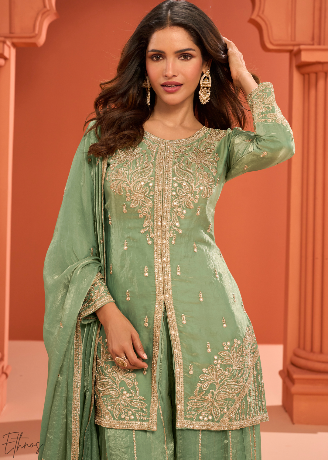 Mint Green Embroidered Fandy Silk Palazzo Suit