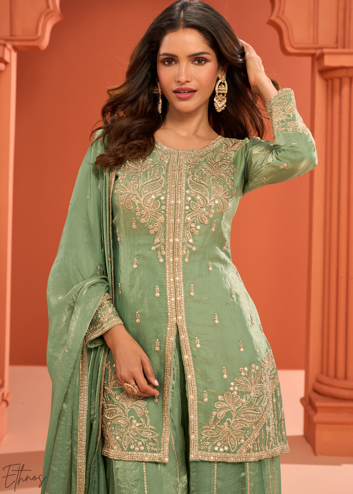 Mint Green Embroidered Fandy Silk Palazzo Suit