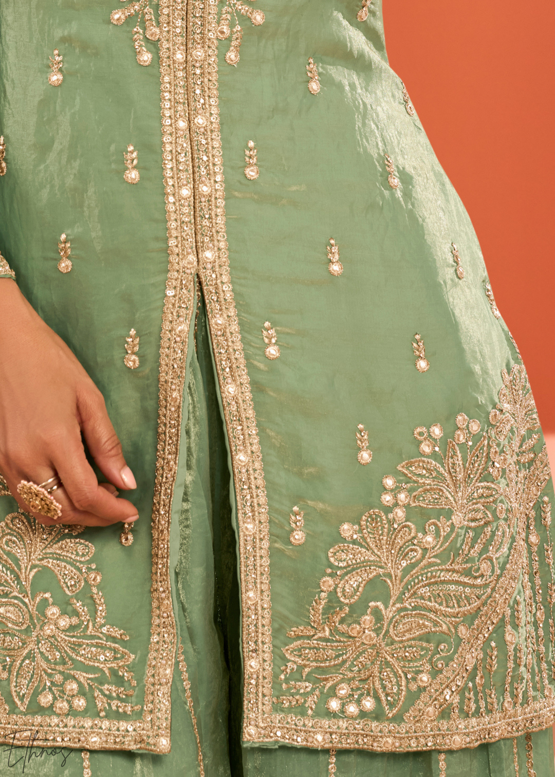 Mint Green Embroidered Fandy Silk Palazzo Suit