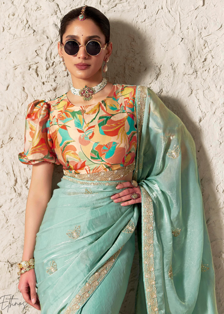Aqua Blue Embroidered Glass Tissue Designer Saree