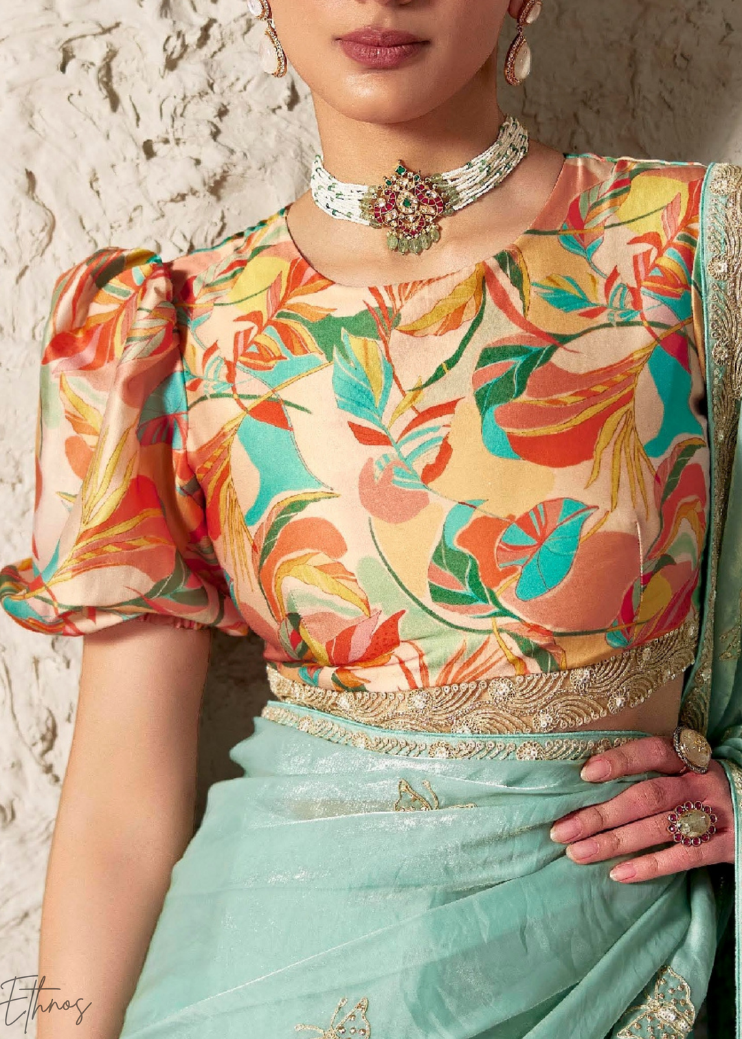 Aqua Blue Embroidered Glass Tissue Designer Saree