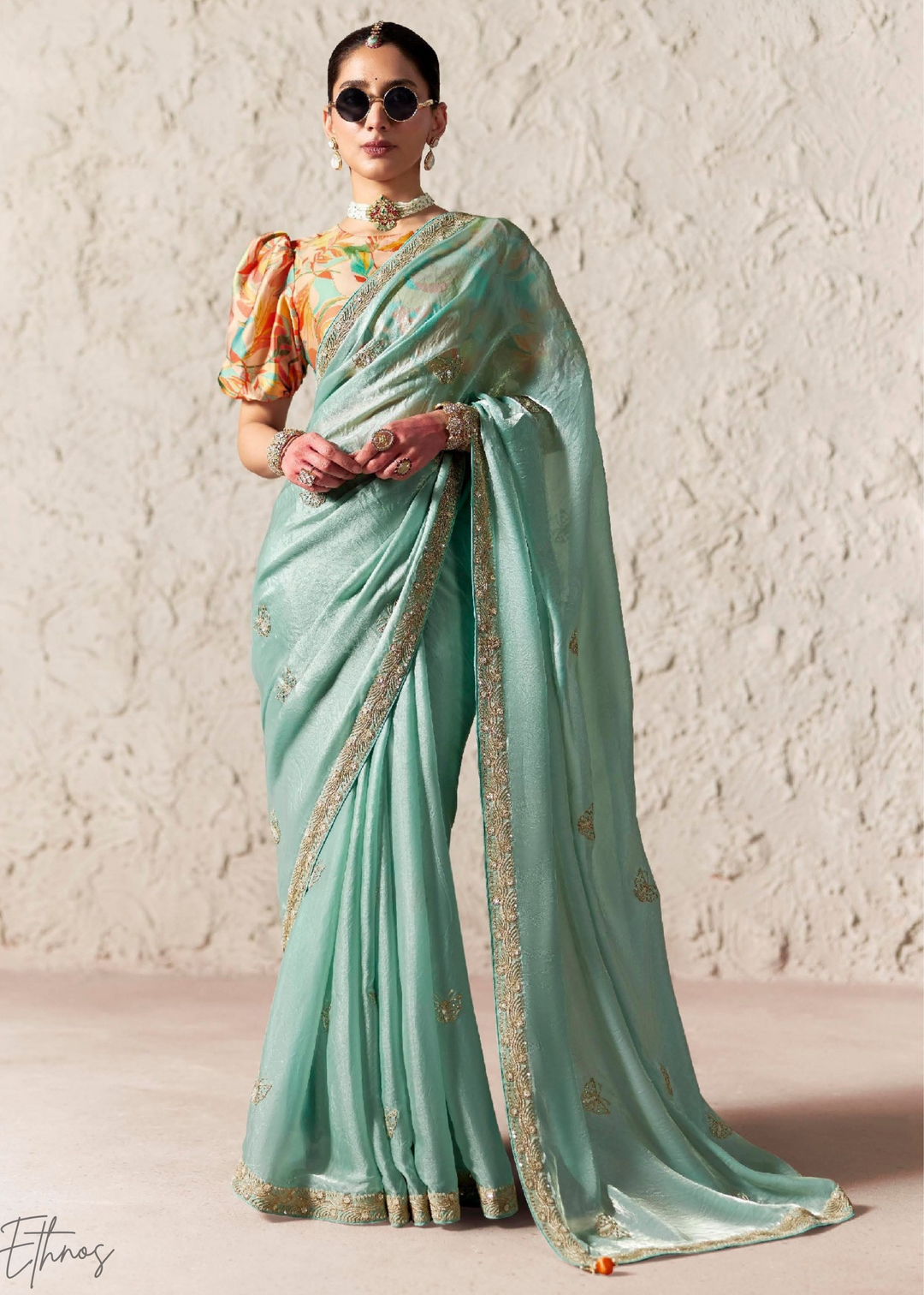 Aqua Blue Embroidered Glass Tissue Designer Saree