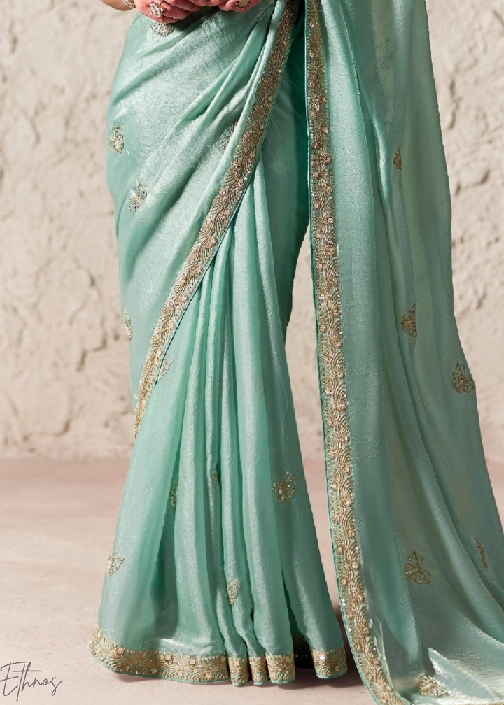 Aqua Blue Embroidered Glass Tissue Designer Saree