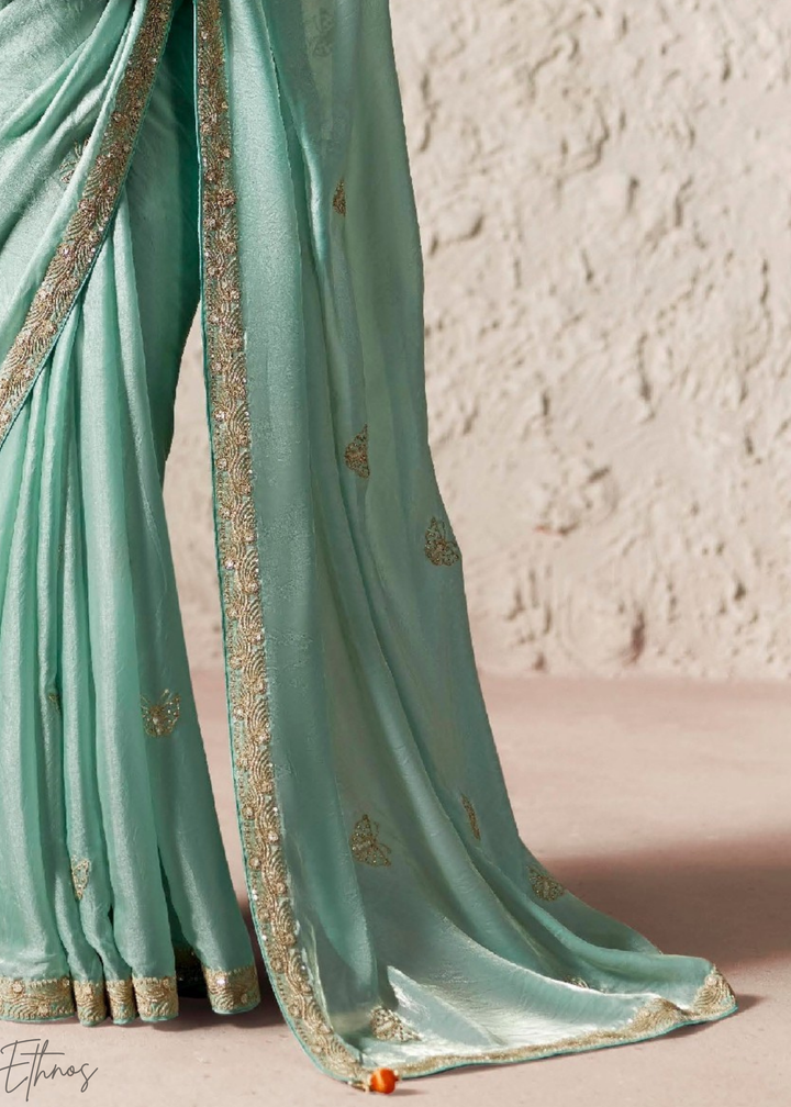 Aqua Blue Embroidered Glass Tissue Designer Saree
