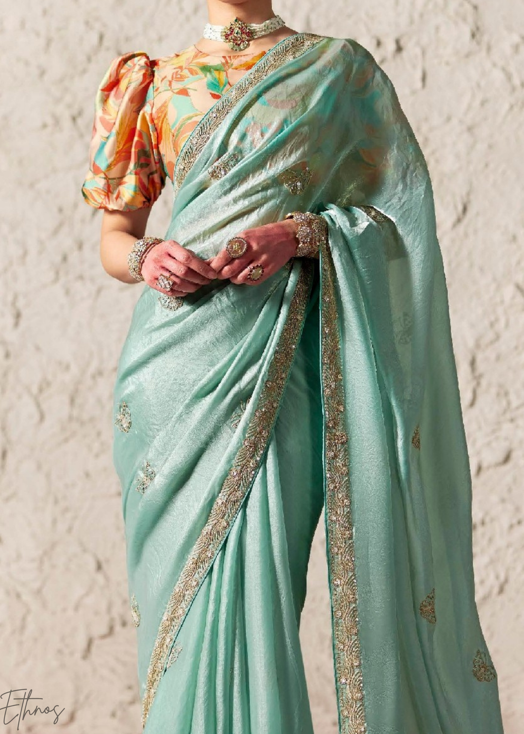 Aqua Blue Embroidered Glass Tissue Designer Saree