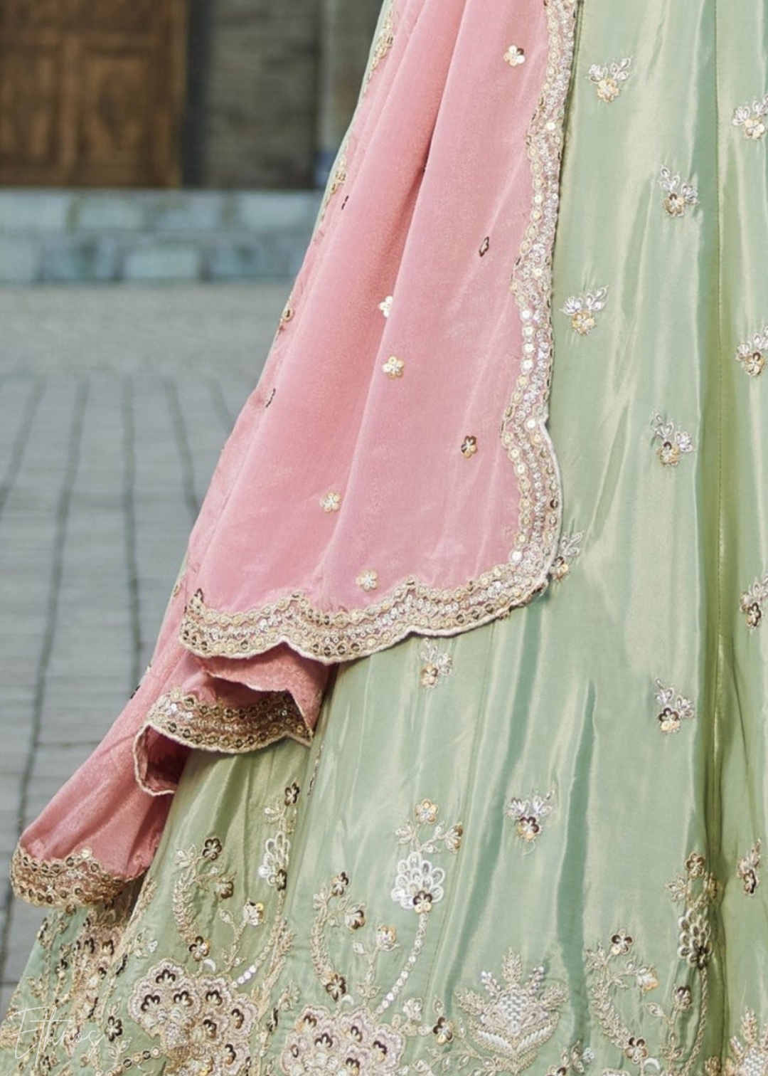 Mint Green Embroidered Scalloped-Border Silk Lehenga