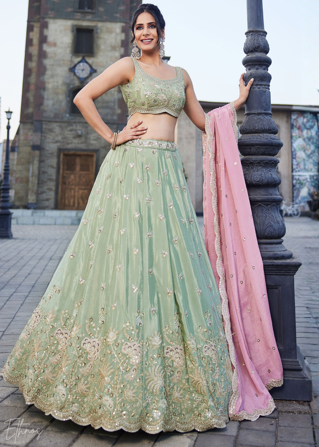 Mint Green Embroidered Scalloped-Border Silk Lehenga