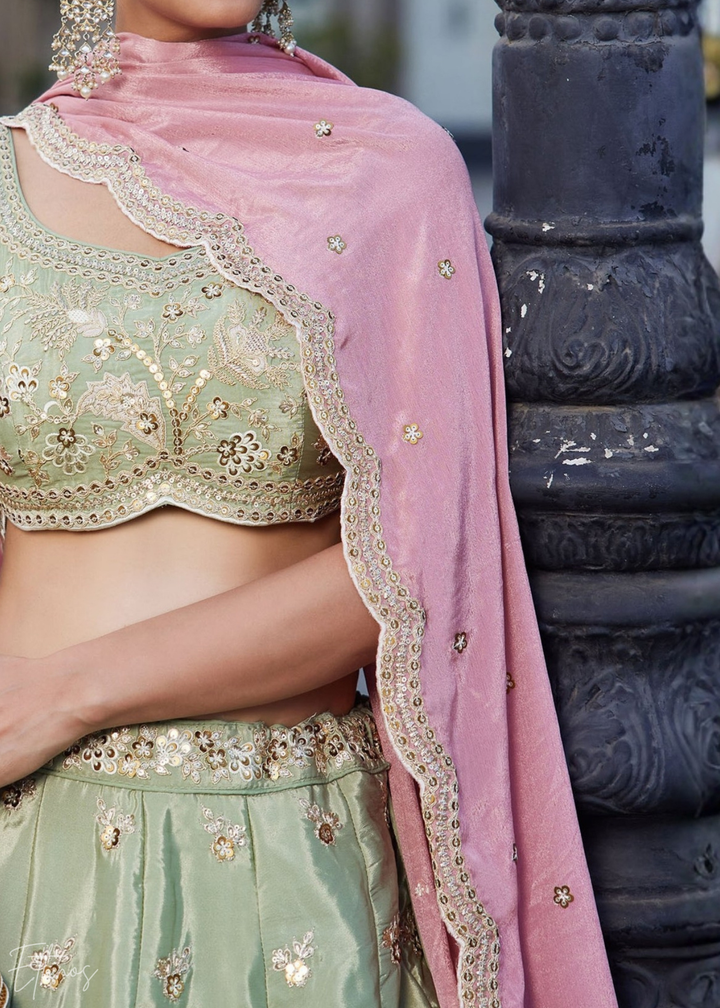 Mint Green Embroidered Scalloped-Border Silk Lehenga