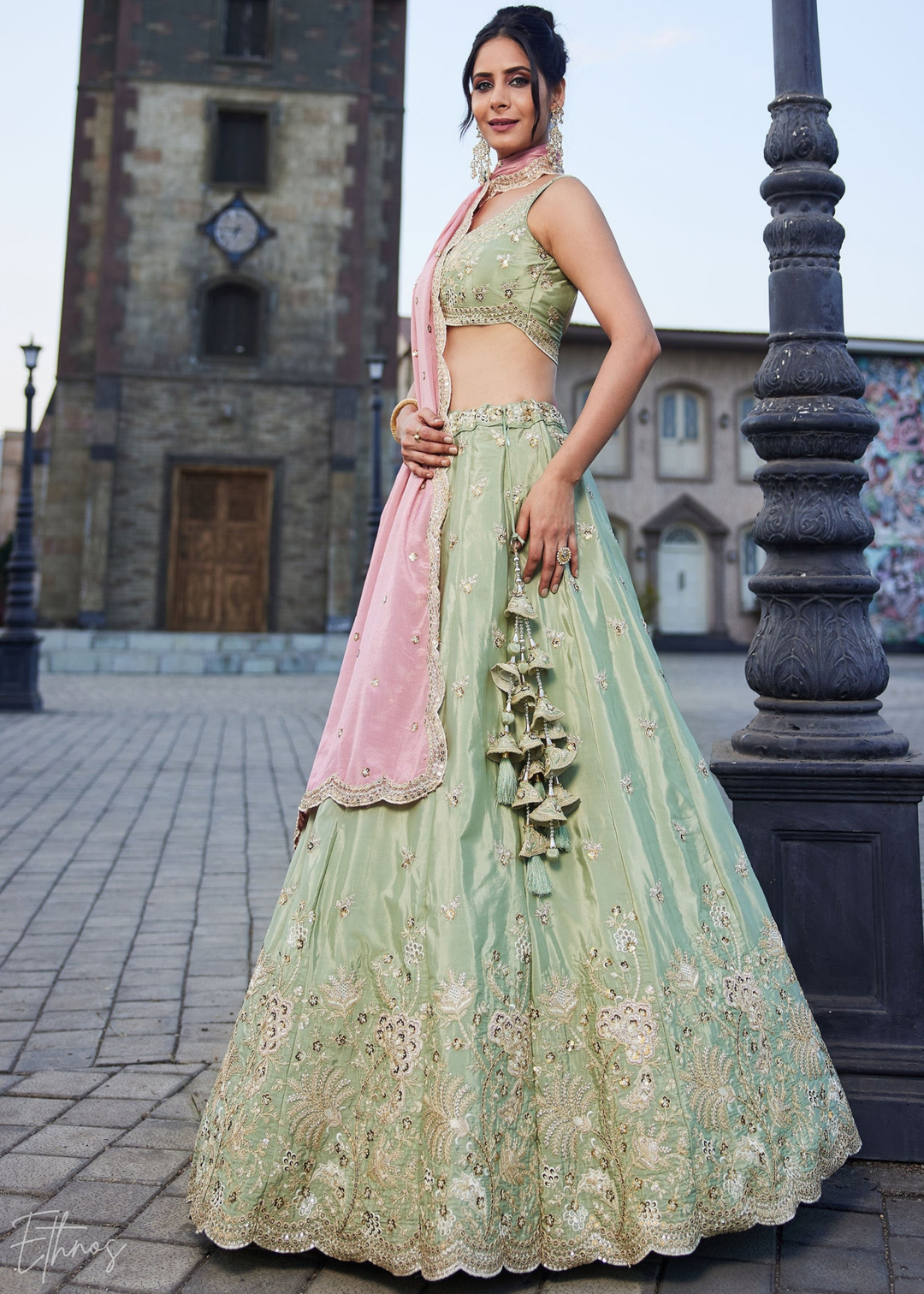 Mint Green Embroidered Scalloped-Border Silk Lehenga