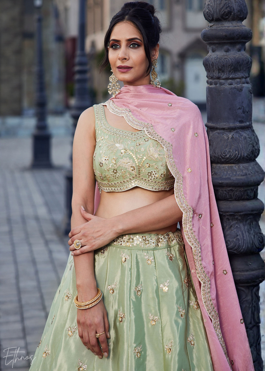 Mint Green Embroidered Scalloped-Border Silk Lehenga