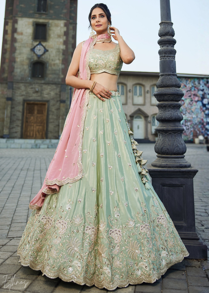 Mint Green Embroidered Scalloped-Border Silk Lehenga