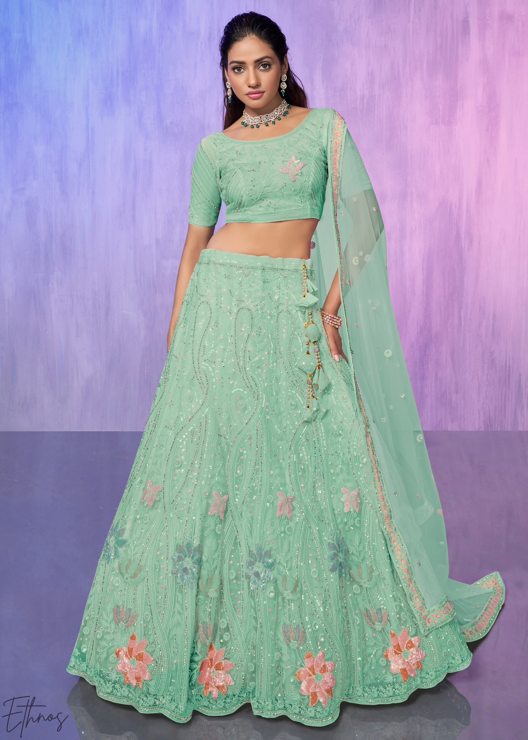 Mint Green Floral Embroidered Net Lehenga Choli Set