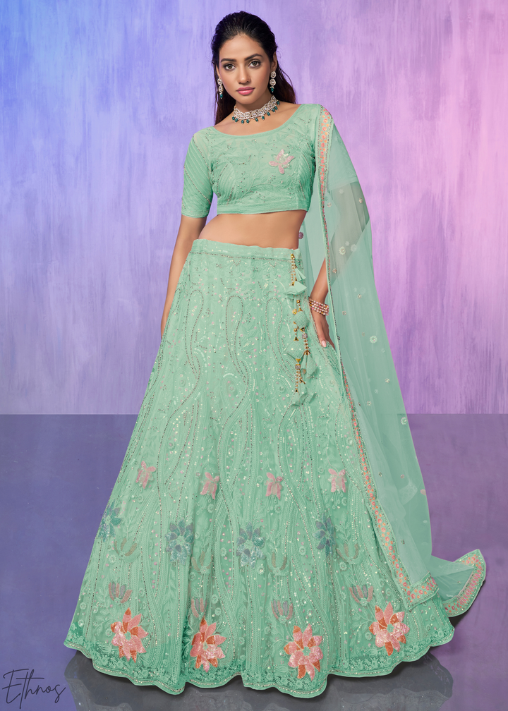 Mint Green Floral Embroidered Net Lehenga Choli Set