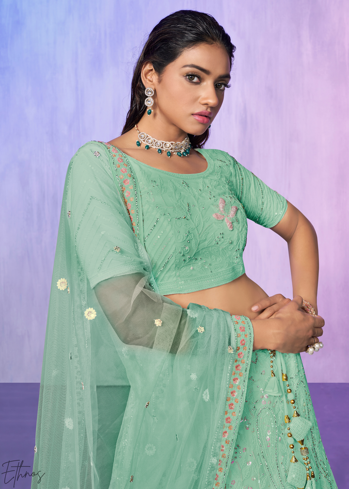 Mint Green Floral Embroidered Net Lehenga Choli Set