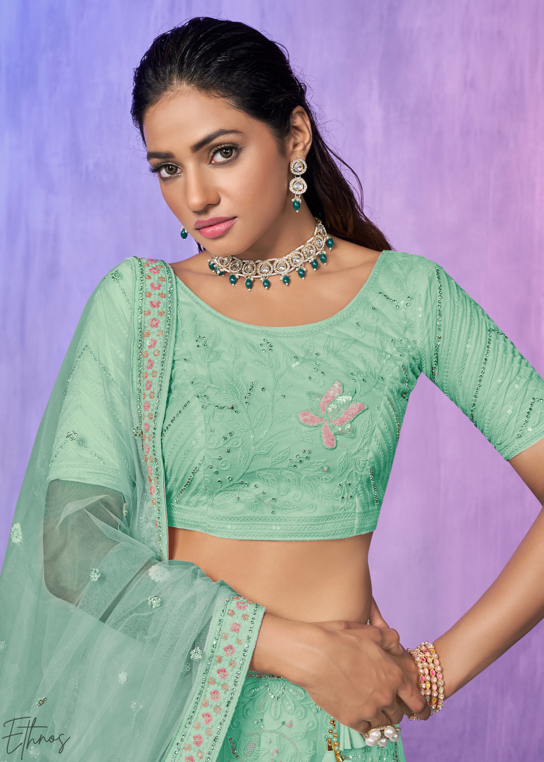 Mint Green Floral Embroidered Net Lehenga Choli Set