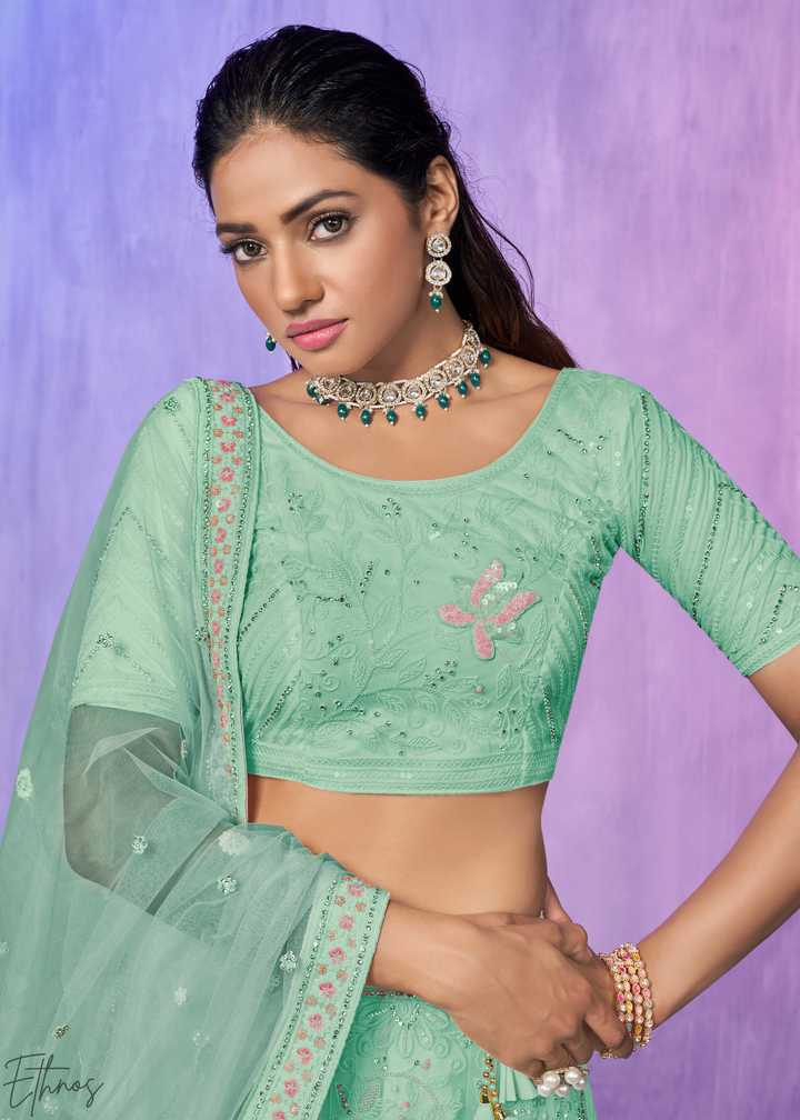 Mint Green Floral Embroidered Net Lehenga Choli Set
