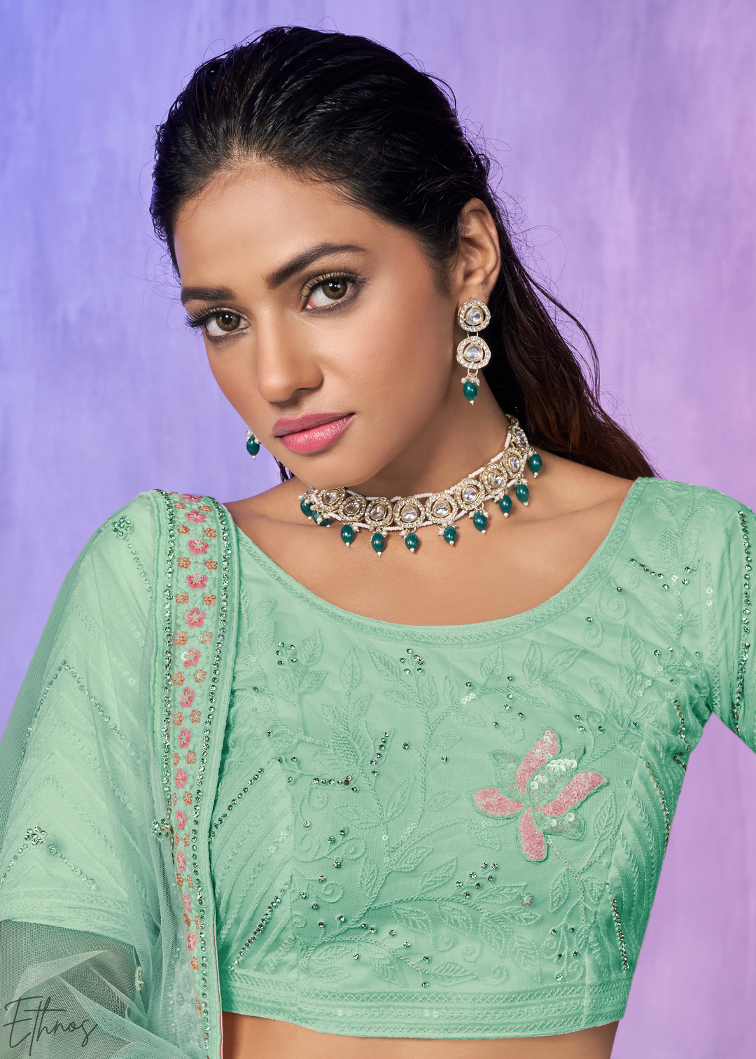 Mint Green Floral Embroidered Net Lehenga Choli Set