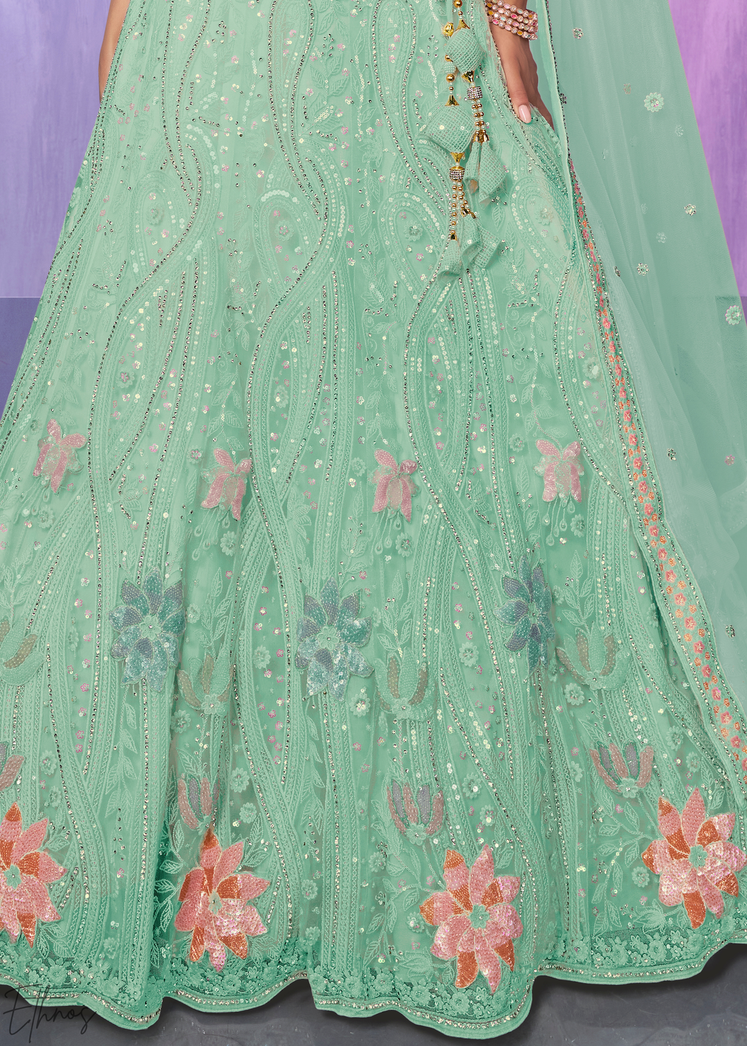 Mint Green Floral Embroidered Net Lehenga Choli Set