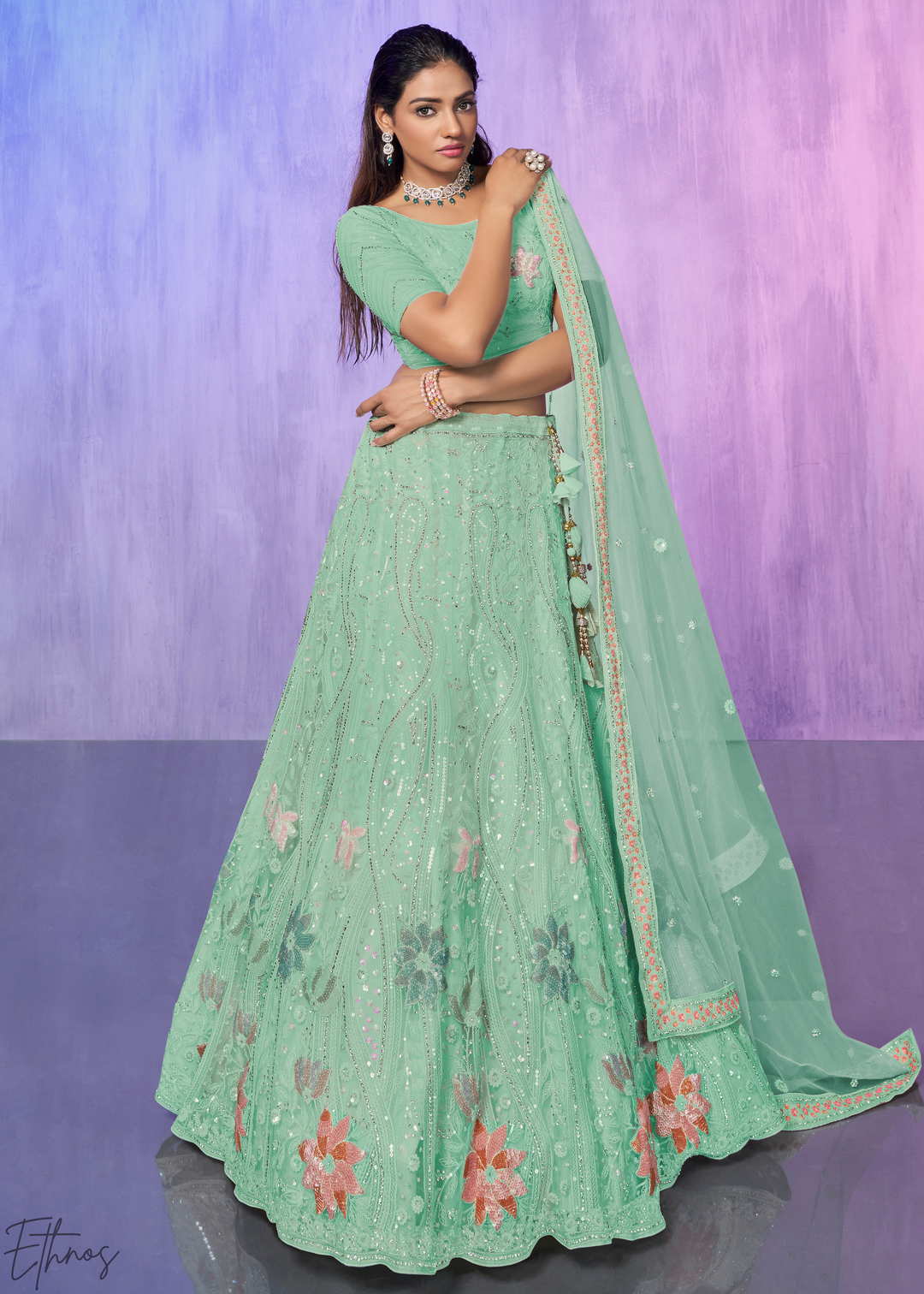 Mint Green Floral Embroidered Net Lehenga Choli Set