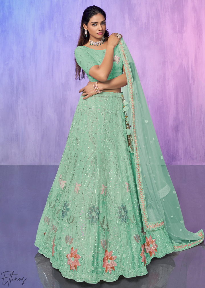Mint Green Floral Embroidered Net Lehenga Choli Set
