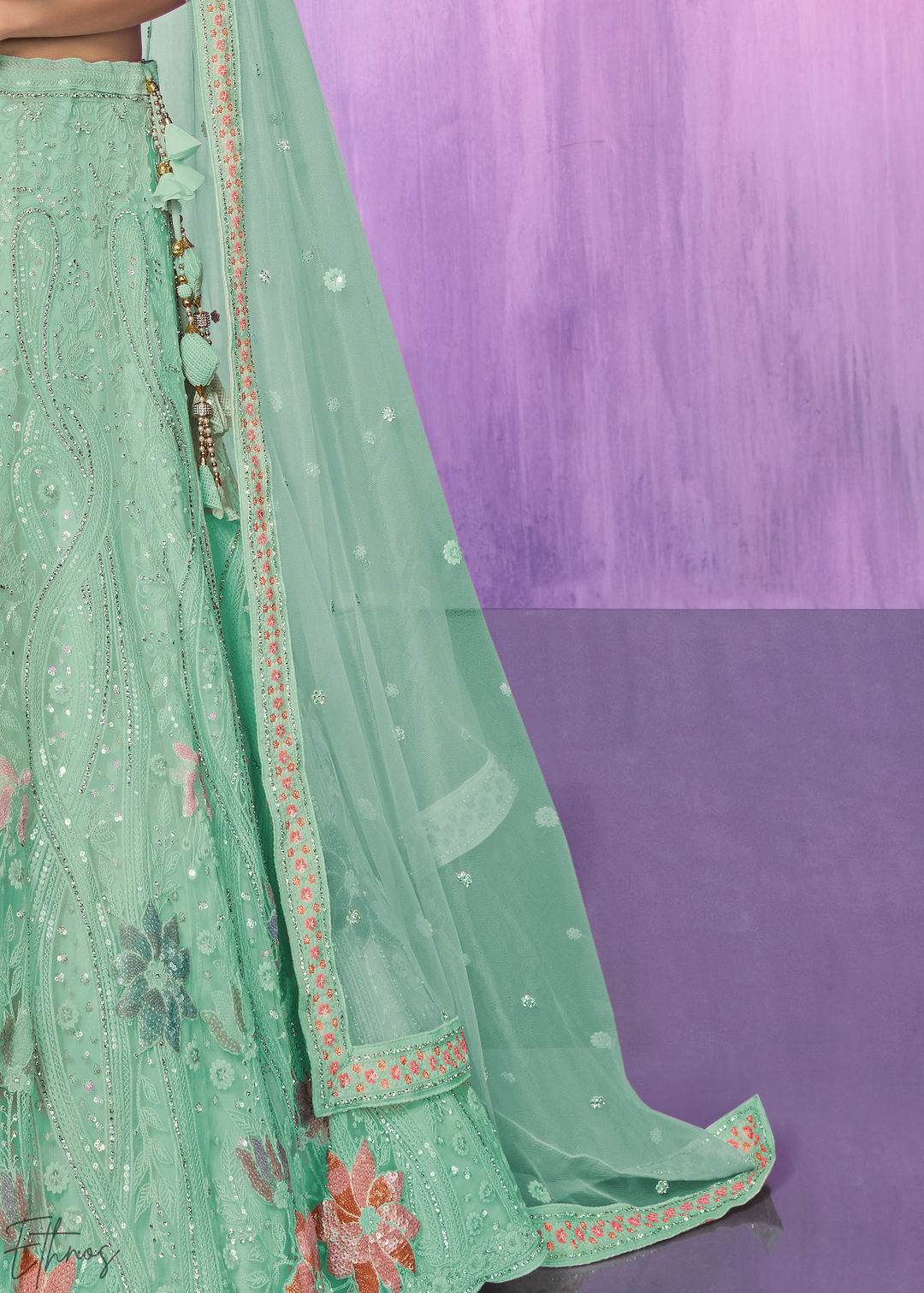 Mint Green Floral Embroidered Net Lehenga Choli Set